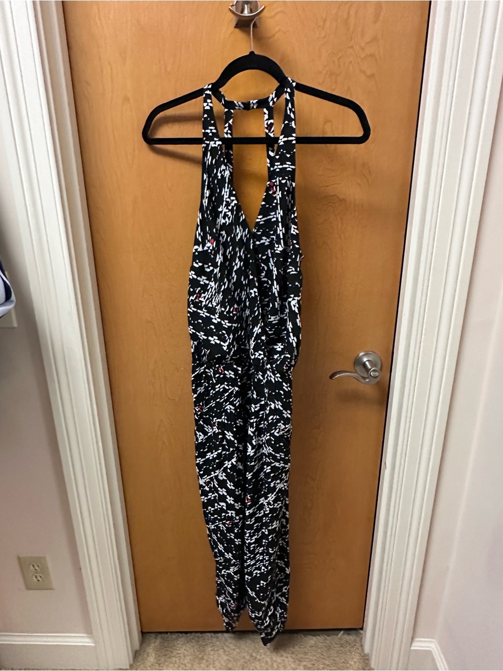 Eight Sixty Black & White Print Halter Jumpsuit with Red Accents